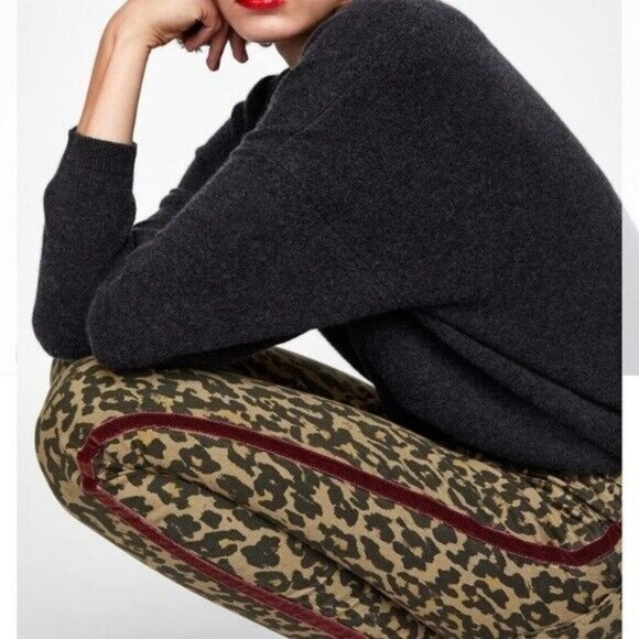 🌞ZARA Woman Leopard Premium Jeans Animal Print Skinny Red Velvet Stripe - Picture 5 of 12